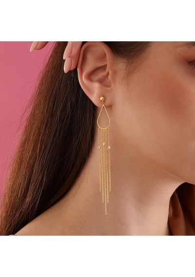 Queen Silver Jewelry 925 Ayar Gümüş Damla Tel Zirkon Sallantılı Küpe Altın