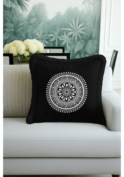 Mandala Motifli Saçaklı Yastık Kılıfı - Bohem Siyah Beyaz Püsküllü Kırlent Kılıfı Orman Nane Yeşili