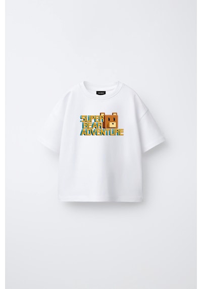 Fasardi Super Bear Adventure Süper Ayı Baskılı Oversize Pamuk Kısa Kollu Unisex Çocuk T-shirt Beyaz