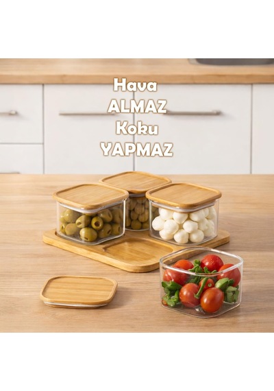 Tr Hf009009 Kare 4lü Hava Geçirmez Bambu Standlı Cam Kahvaltılık Seti Bambu Kapaklı Saklama Kabı 250ml Diğer