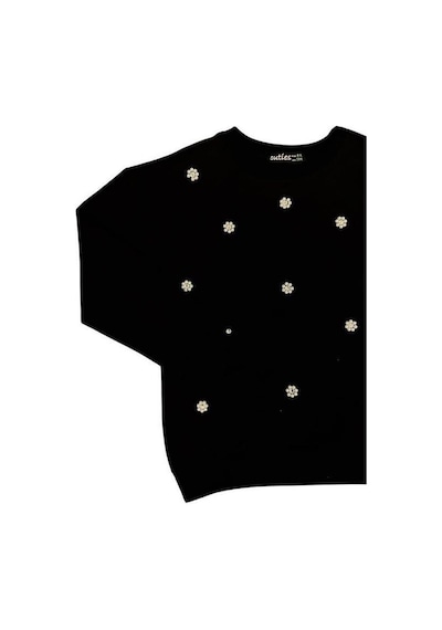 Kız Çocuk Pamuklu İnci İşlemeli İnce Sweatshirt-15007 Siyah