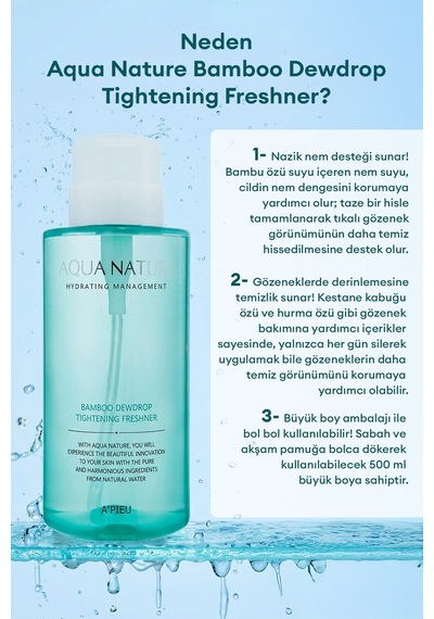 Missha A'PIEU Aqua Nature Bamboo Dewdrop Tightening Freshener Gözenek Sıkılaştırıcı Tonik 500 ML