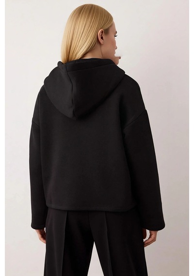 Benerly Kadın Kapüşonlu Düşük Kol Oversize Örme Sweatshirt Fonksiyonel Da siyah