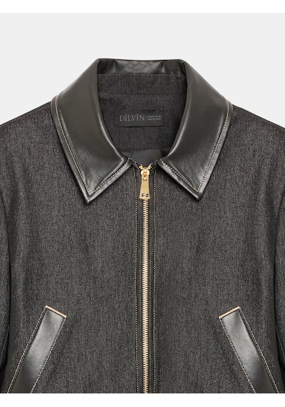 Dilvin 60826 Deri Detaylı Crop Ceket Siyah