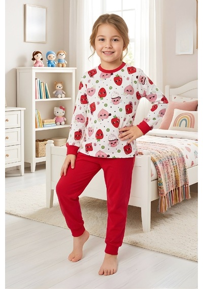 Modanino Kız ÇocukPamuk Pijama Takımı 4-11 Yaş 12628 Kırmızı