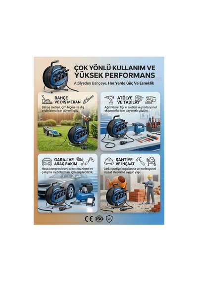 Seyyar Kablo Makarası 3x2.5 Mm 30 Metre 4'lü Topraklı Priz Uzatma Kablosu 30 M