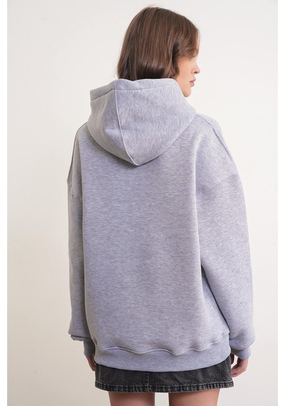 Mixray 2022 Unisex 3iplik Basic Polarlı Kapüşonlu Sweatshirt Hoodie Gri