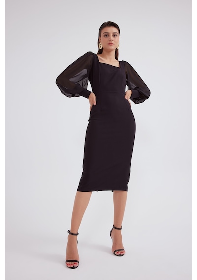 Sateen Şifon Kol Krep Elbise - Siyah