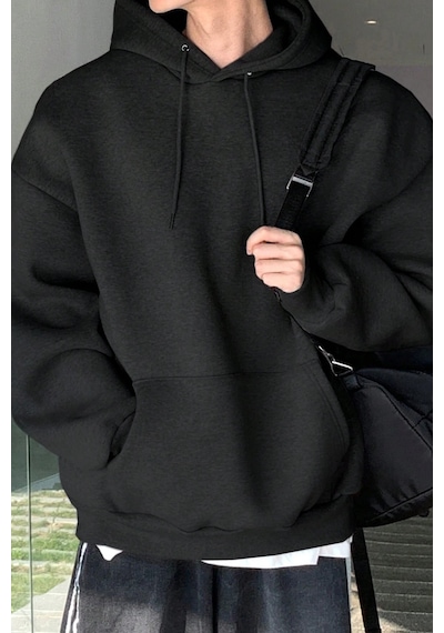 Genius Store Erkek Sweatshirt Kanguru Cepli İçi Polarlı 3 İplik Kapüşonlu Oversize Sweatshirt Kanguru-sweatshırt Siyah