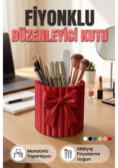 Fiyonklu Çizgili Düzenleyici Kutu Masaüstü Kalemlik Makyaj Fırçalık Kırmızı Fiyonklu Çizgili Düzenleyici Kutu Masaüstü Kalemlik Makyaj Fırçalık Kırmızı