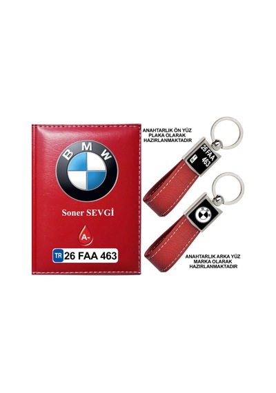 Plakanıza Özel Bmw Logolu Kırmızı Ruhsat Kabı Ve Anahtarlık