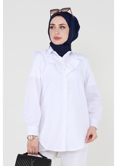 Sevitli Yakası Kat Detaylı Poplin Tunik-beyaz-3520-beyaz Beyaz