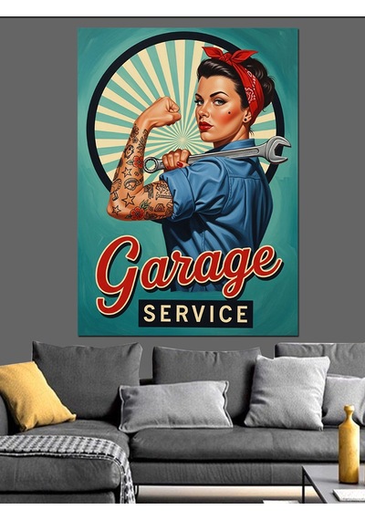 Retro Tamirci Kadın Posteri Dekoratif Kanvas - Mdf Ahşap Tablo