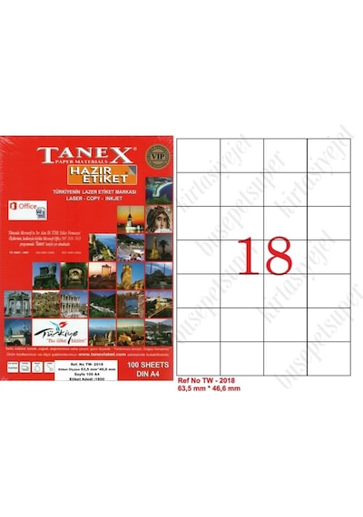 Tanex Tw-2018 Ebat 63 X 46 MM Laser Etiket A4 Sayfada 18 Etiket