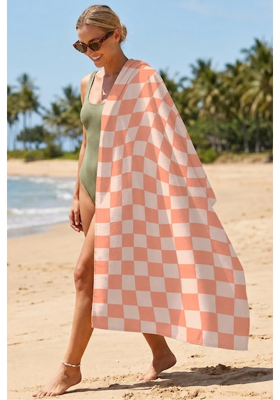 Damalı Kareli Turuncu Plaj Havlusu - Modern Retro Ekose Somon Bej Hızlı Kuruyan Mikrofiber Havlu Serin Lavanta
