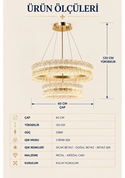Modern Premıum Sarkıt Avize Gold Kasa Üç Renk Led Cam Taşlı Lüx Avize 228w Beyaz