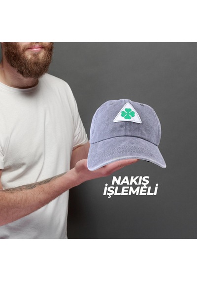 Perlotus Vintage Yıkamalı Pamuk Şapka Dört Yapraklı Yonca Nakışlı Gri Gri