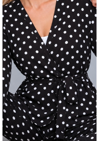 Kadın Desenli Ev Stili Kuşaklı Siyah Pijama Takımı 4806