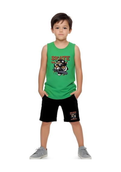Fyk Kids Erkek Çocuk Baskılı Sıfır Kol Skate Crunch Alt-üst Takım Yeşil