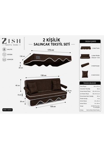 Altaleno 2 Kişilik 130 45 Cm Süngerli Bahçe Balkon Salıncak Minderi Yıkanabilir Kılıflı, Tenteli Keten Kumaş Tekstil Seti 24 Dns 8 Cm Orta Sert Sünger Kahverengi