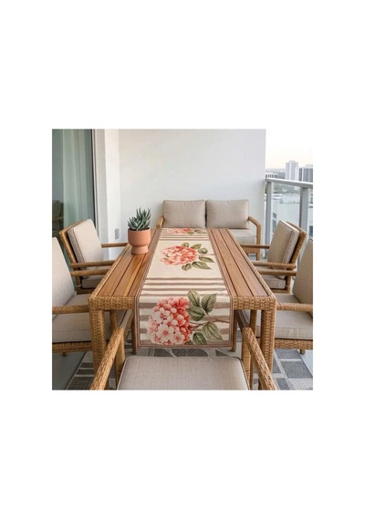 Çizgili Çiçek Desenli 45x140cm Masa Runnerı Çok Renkli