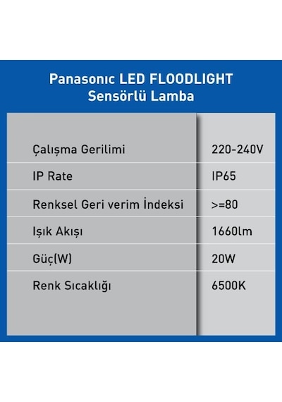 Led Projektör Sensorlü, Beyaz Işık 20w 1660lm 6500k