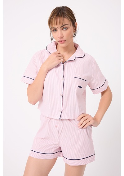 Lespadon Marısılk Kadın Yazlık Şortlu Crop Gömlekli Pijama & Lounge Takımı -3249 Pudra