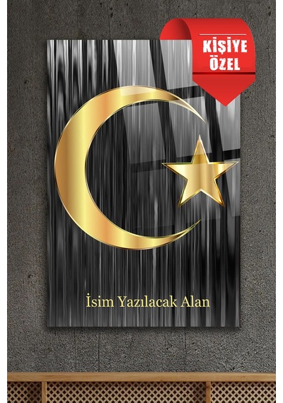 Kişiye Gold Türk Bayrağı Cam Tablo Modern Duvar Dekoru Solmayan Canlı Renkler Salon Ve Oturma Odası Yeni Ev Hediyesi 4mm Kırılmaz Cam