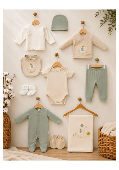 Ferasty İstanbul Unisex Bebek Zıbın Seti 10'lu Fil Desenli Beyaz Yeşil