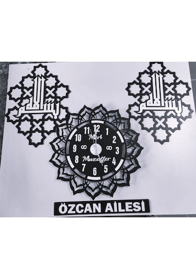 Duvar Saati 3 Lü Set Besmeleli Ve Kişiye Özel Gümüş - Siyah