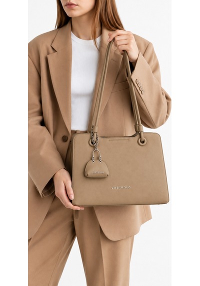 Just Polo Kadın Yeni Sezon Büyük Boy Aksesuar Detaylı Günlük Şık Kol Çantası Shopper Vizon