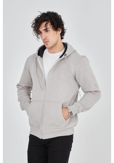 Erkek 3 İplik Pamuklu Fermuarlı Kapüşonlu Kanguru Cepli Hoodie Hırka Sweatshirt - Boyalı Gri Çok Renkli