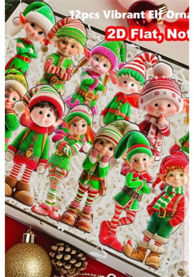 12'li Ahşap Elf Noel Ağacı Süs Seti 2d Düz Baskı Renkli Asma Dekorları / Ev & Parti Dekoru