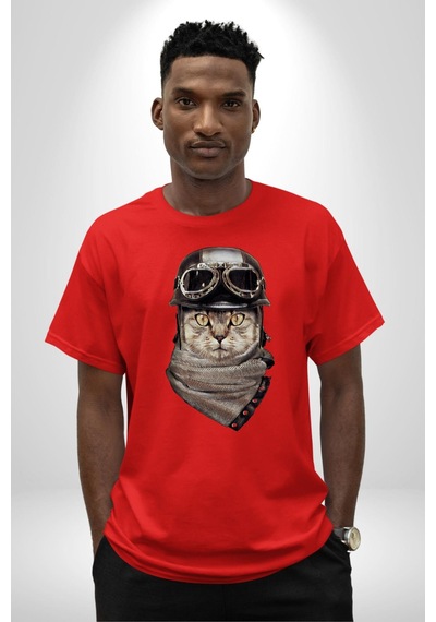 Kasket Bandana Motorcu Kedi Pamuklu Bisiklet Yaka Unisex Oversize Boyfriend Dijital Baskılı Kırmızı T-shirt Kırmızı