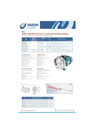 Varan Blc 120/110t Tek Kademe Paslanmaz Santrifüj Pompa 1.5 Hp / 1.1 Kw, Trifaze 380 V Aısı 304