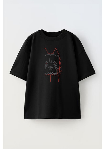 Thewert Unisex Pitbul Face Tasarım Baskılı Pamuk Sıyah Oversize T-shirt Siyah
