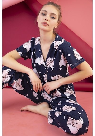 Kadın Düğmeli Desenli Pijama Takımı Koyu Lacivert 1974 Waynap Koyu Lacivert
