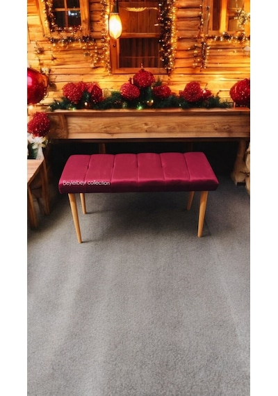 Ahşap Ayaklı Handmade Geniş Oturum Alanlı Düz Kumaş Pofidik Puf Bench, Ayak Ucu Uzatmalık Bordo