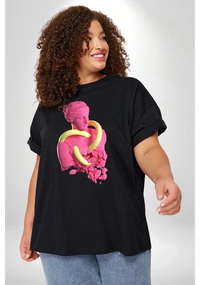 Angemiel Pop Art Yaratıcı Heykel Pembe Siyah Büyük Beden Erkek Kadın Unisex Basic Ön Baskılı Tişört Siyah