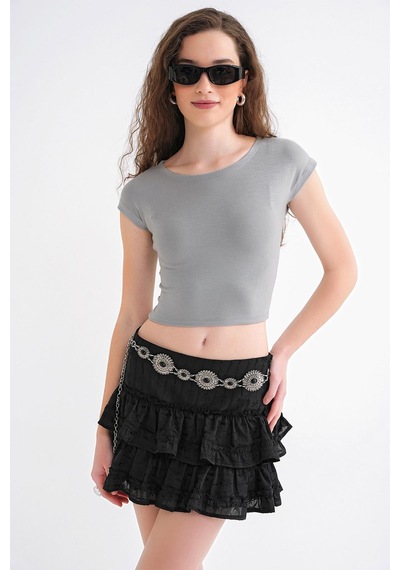 Mixray 2009 Kadın Vücuda Oturan Basic Crop T-shirt Gri