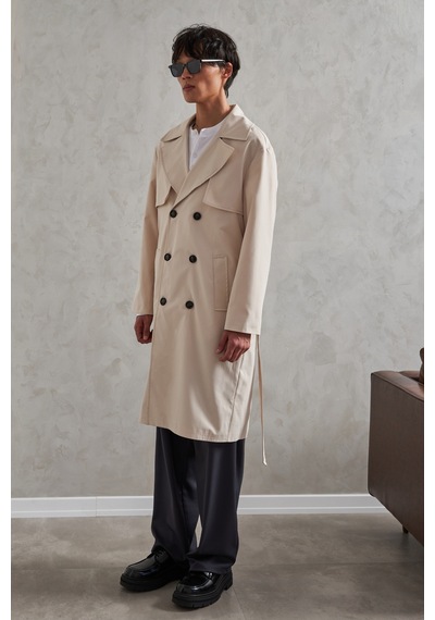 Erkek Kruvaze Yaka Oversize Trençkot Krem