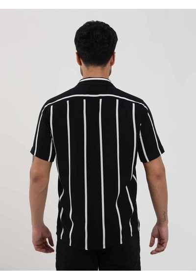 Dufy Siyah Erkek Regular Fit Çizgili Düğmeli Yaka Kısa Kol Gömlek - 94940-siyah Siyah