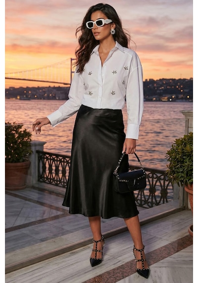 Lela Taş Detaylı Regular Fit Bayan Gömlek 611Go00417 Ekru