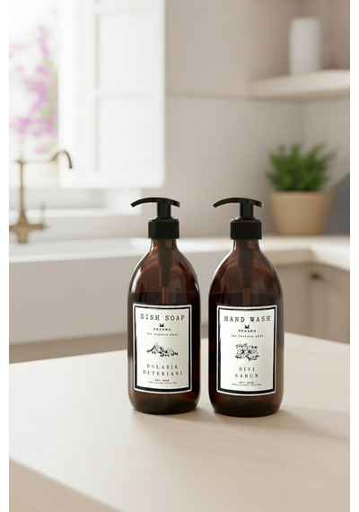 Buççin Online Mağaza 2'li Sıvı Sabun Bulaşık Deterjanı Şişesi Queen Sabunluk 500ml Bb Hd Cam Sarı Çok Renkli