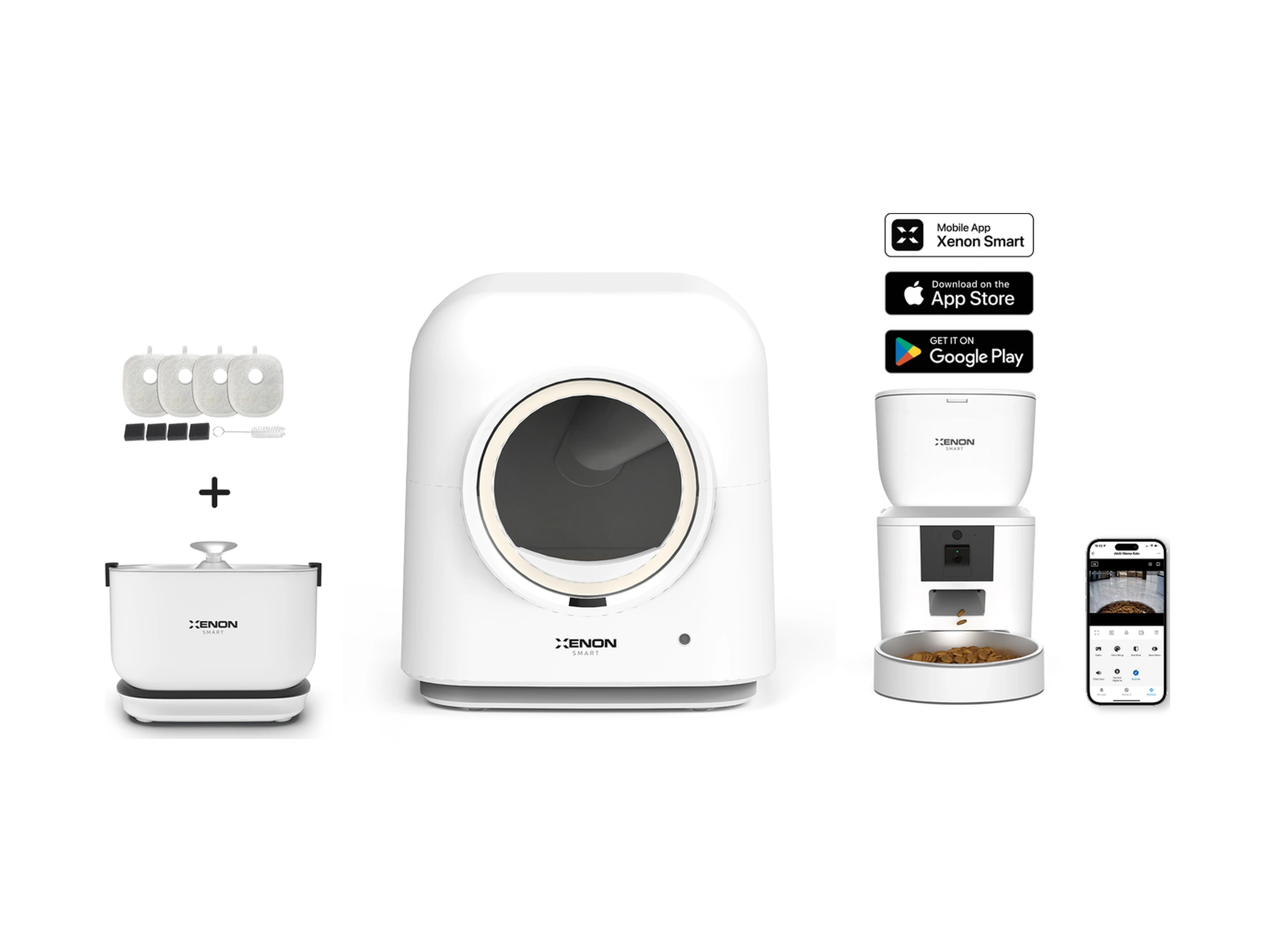 Xenon Smart Akıllı Otomatik Kedi Tuvaleti 4lt Çelik Hazneli Kameralı Mama Kabı Bataryalı Su Pınarı Ve Yedek Filtre Pet Seti