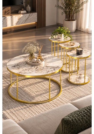 Sulorahome Efes Beyaz Mermer Desenli Gold Metal Ayaklı 4'lü Sehpa Seti Tablalar Beyaz Mermer / Ayaklar Gold