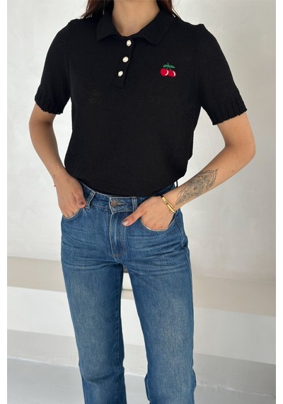 Femelle Kadın Standart Beden Siyah Triko Bluz Gold Düğme Detaylı Standart Beden