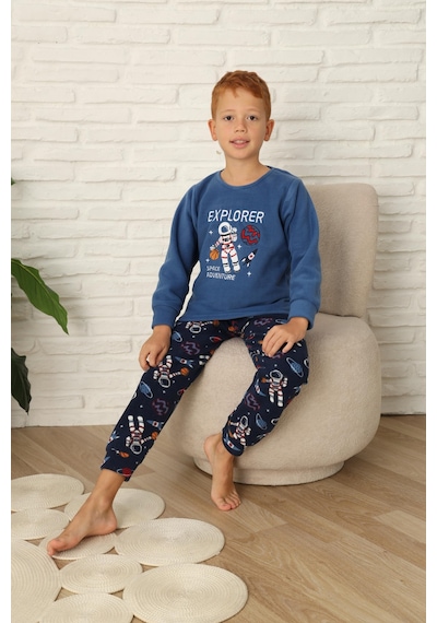 Yeni Stil Sonbahar/kış Erkek Çocuk Uzay Figür Astronot Desen Polar Pijama Takımı 4565 Mavi
