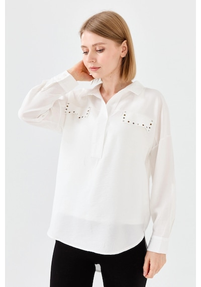 Desen Triko Kadın Polo Yaka Cepli Bluz 23485 Ekru Desen Triko Kadın Polo Yaka Cepli Bluz 23485 Ekru