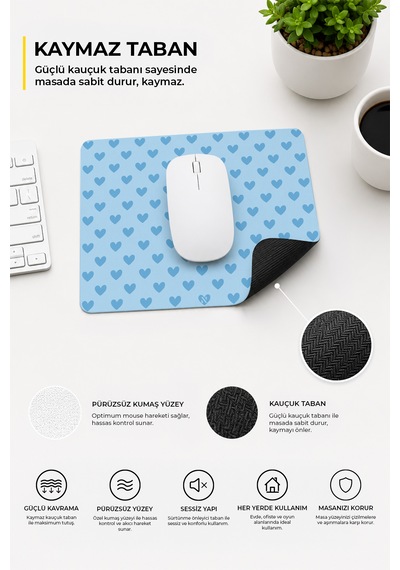 Mavi Renkli Kalpli Desenli Ergonomik Mouse Pad, Kaymaz Yüzey İle Ev Ve Ofis Kullanımı İçin İdeal